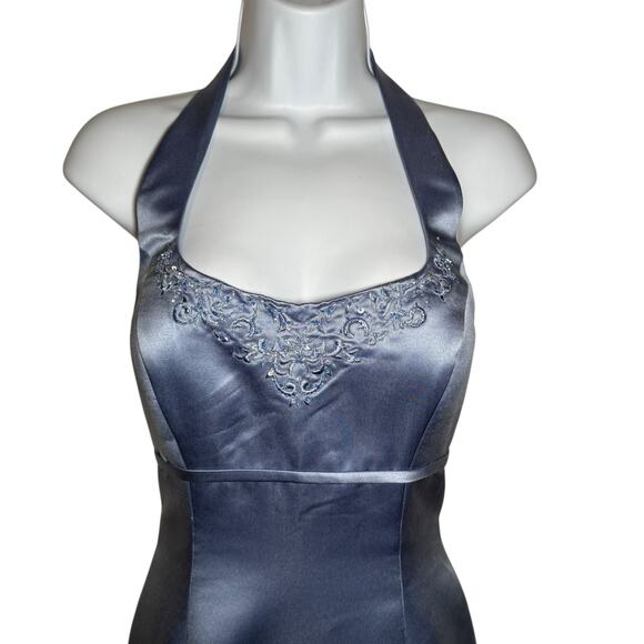 Vintage Prom Dress Maxi Gown 8 Y2K Floral Beaded Halter Glam Satin Corset 90s - Picture 4 of 16